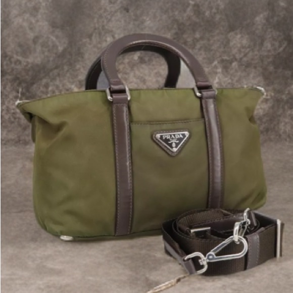 Prada Hand Bag Nylon 2way Khaki Brown Silver Auth Kk383